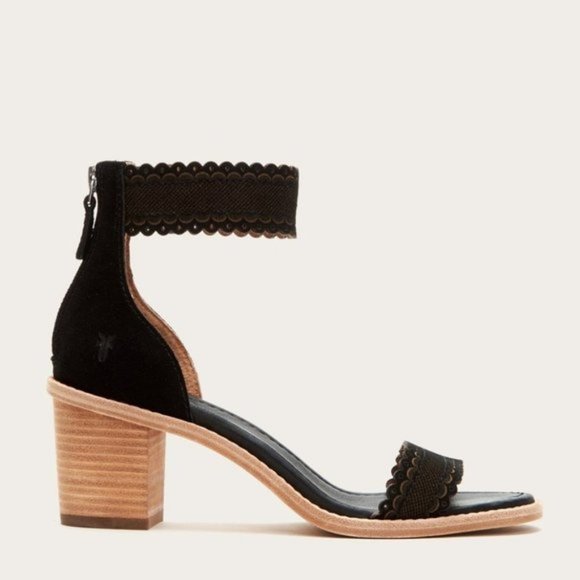 $349 Frye Black Brielle Black Scallop Suede Leather Zip Up Heeled Formal Sandals - Picture 2 of 16